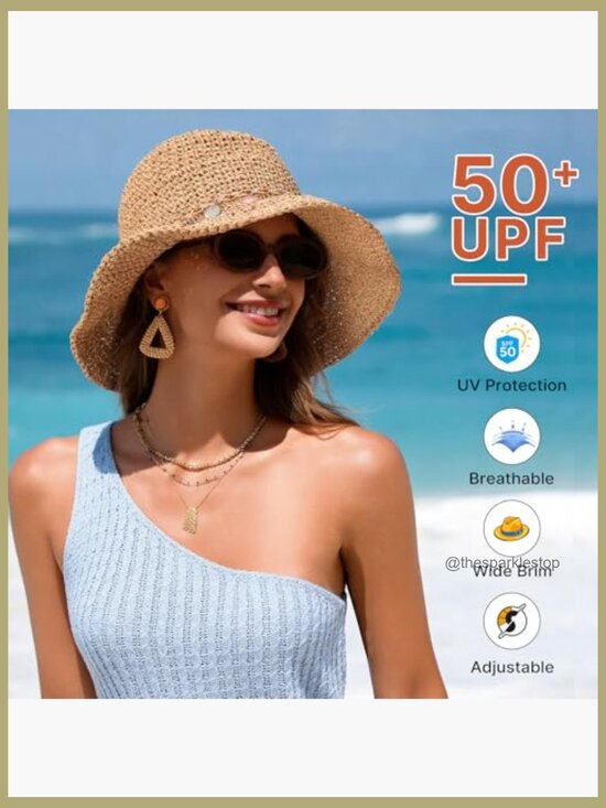 Foldable Straw Bucket Hat Packable Sun Hat UPF 50+ UV Protection main image 7